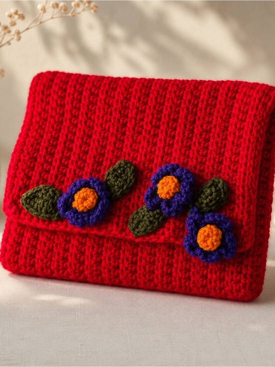 Handmade Handbags - Handmade Knit Clutch Bag Fold Over Red w/ Crochet Blue Flowers Boho Pouch